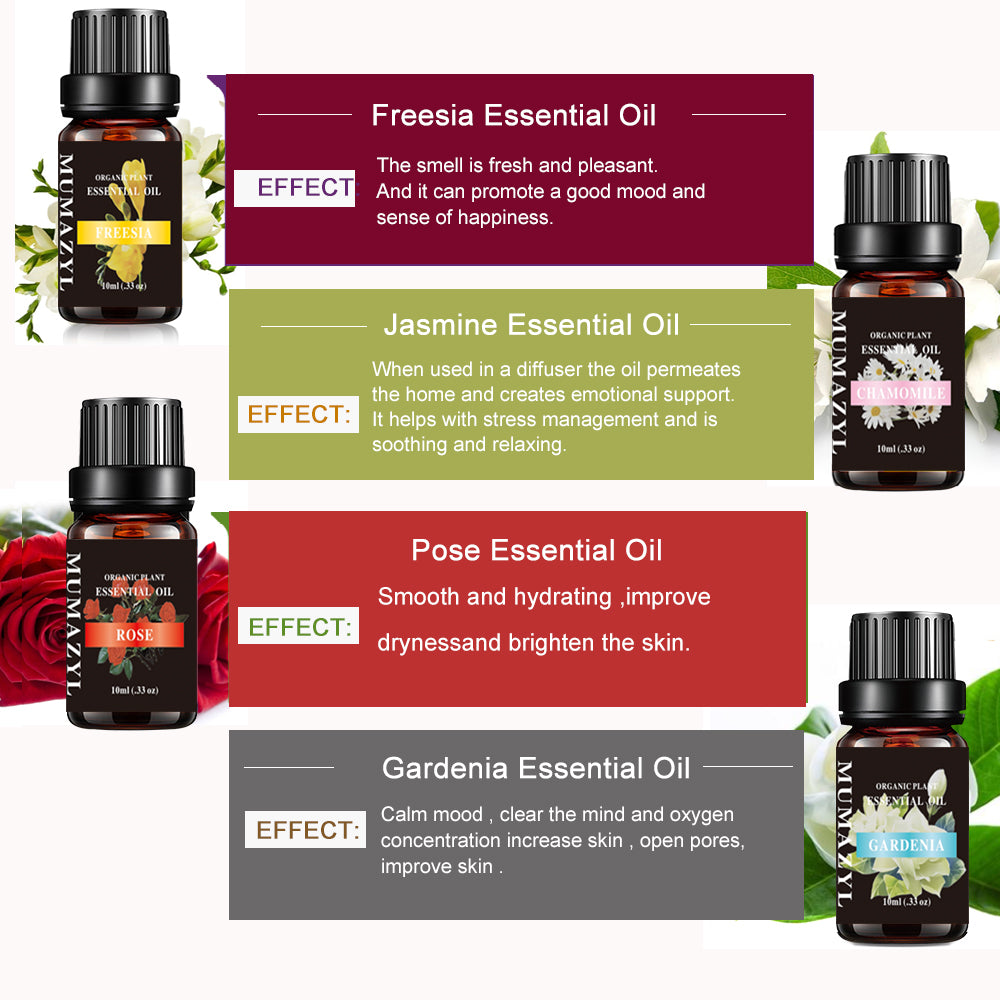 Essential Oil Gift Sets for Diffuser,Cleaning,Home,Perfumes,Humidifier,Soap,Candles, Jasmine, Rose, Freesia, Gardenia 4 Pack x 10ml